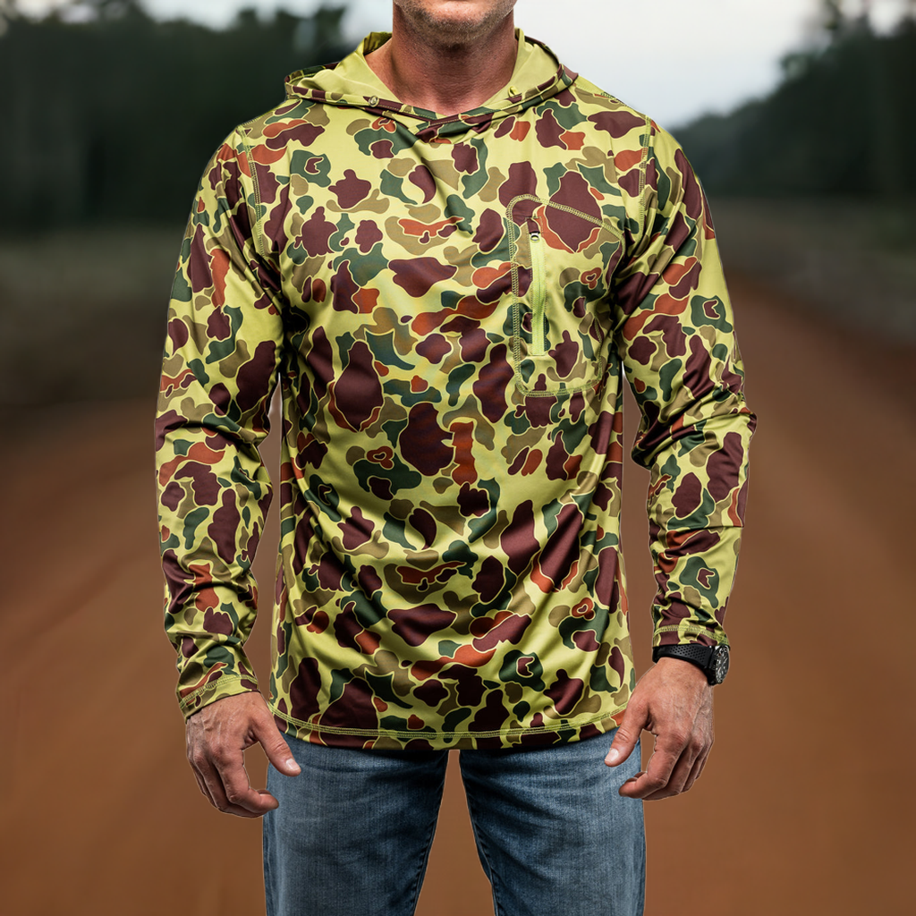 Jungle Green upf 50 long sleeve shirt on male model wearing blue jeans